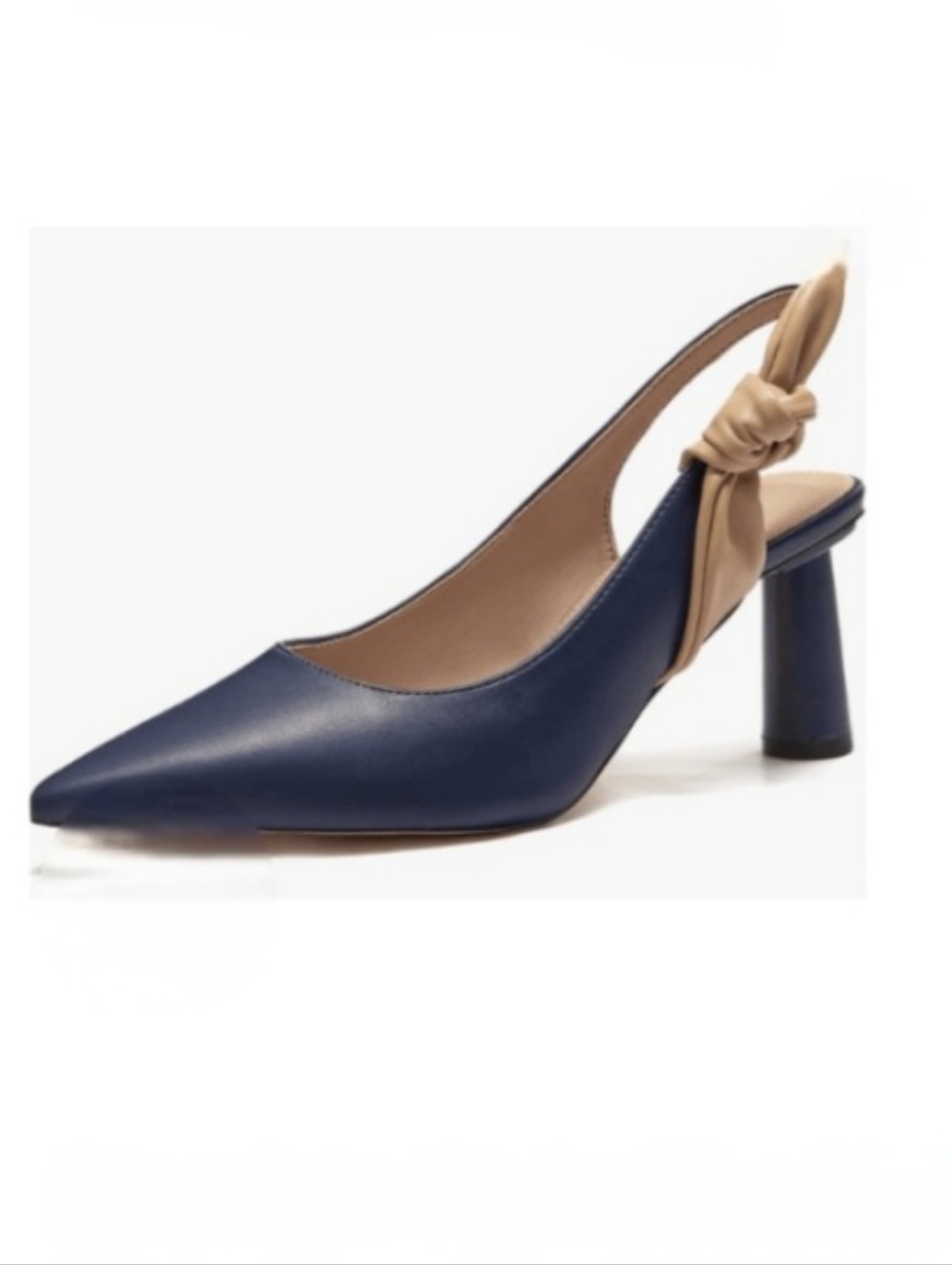 Rilista Navy Blue and Tan Slingback Closed Pointed Toe Heels With Bowknot